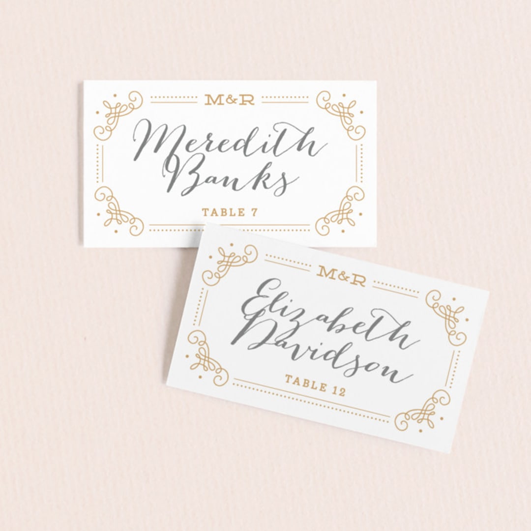 "Ornate Monogram" - Place Cards in Faux Gold by Kristen Smith - Front with Free Guest Printing