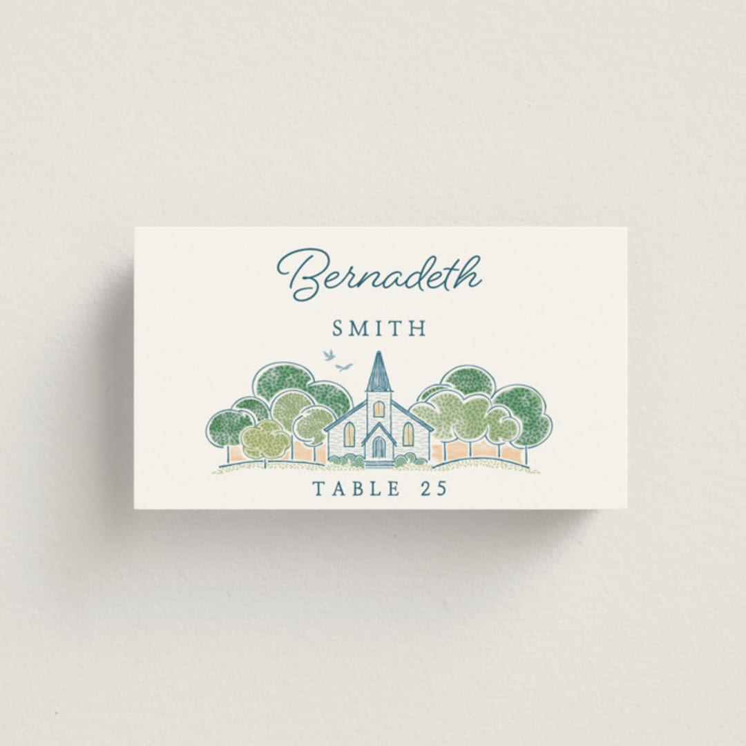"Going to the Chapel" - Place Cards in Meadow by Paper Sun Studio - Front with Free Guest Printing
