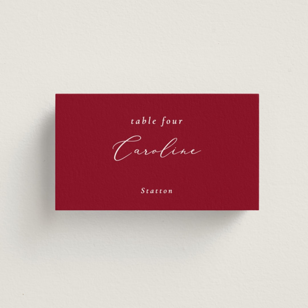 "Bow" - Place Cards in Crimson by Corinne Malesic - Front with Free Guest Printing