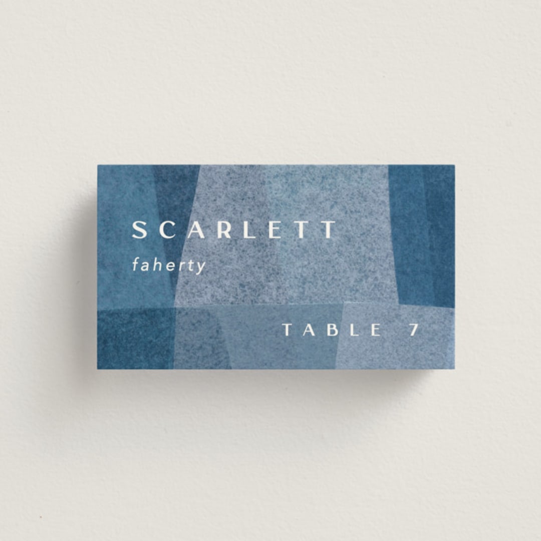 "denim patchwork" - Place Cards in Seaside by Carrie Moradi - Front with Free Guest Printing