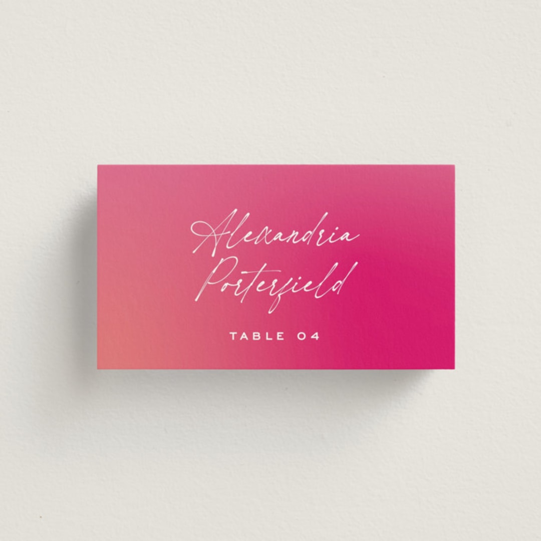 "Pop Romance" - Place Cards in Fruit Punch by Ashley DeMeyere - Front with Free Guest Printing