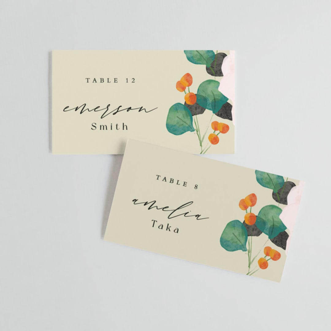 "Floral Splash" - Place Cards in Wheat by Keen Peachy - Front with Free Guest Printing