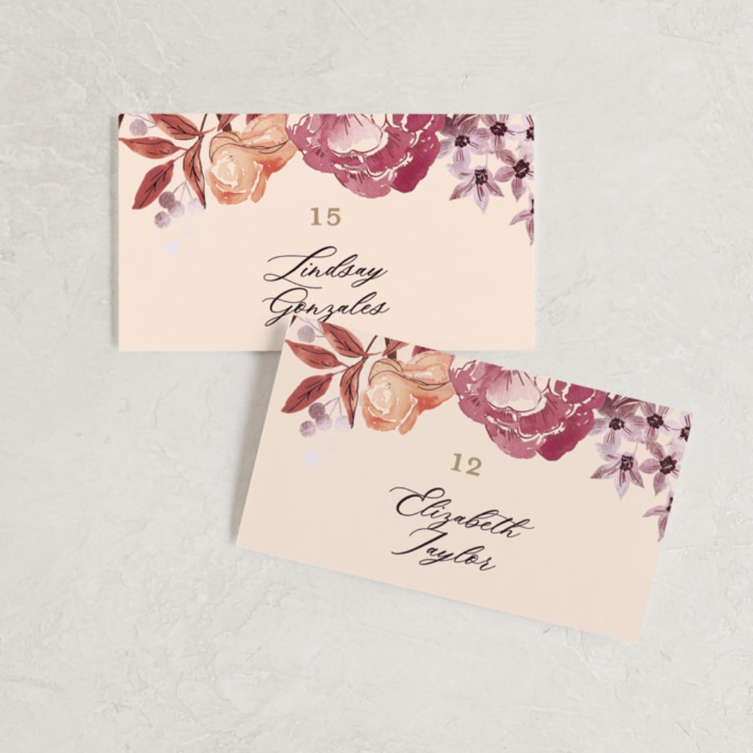 "Fall Floral" - Place Cards in Mauve by Alethea and Ruth - Front with Free Guest Printing