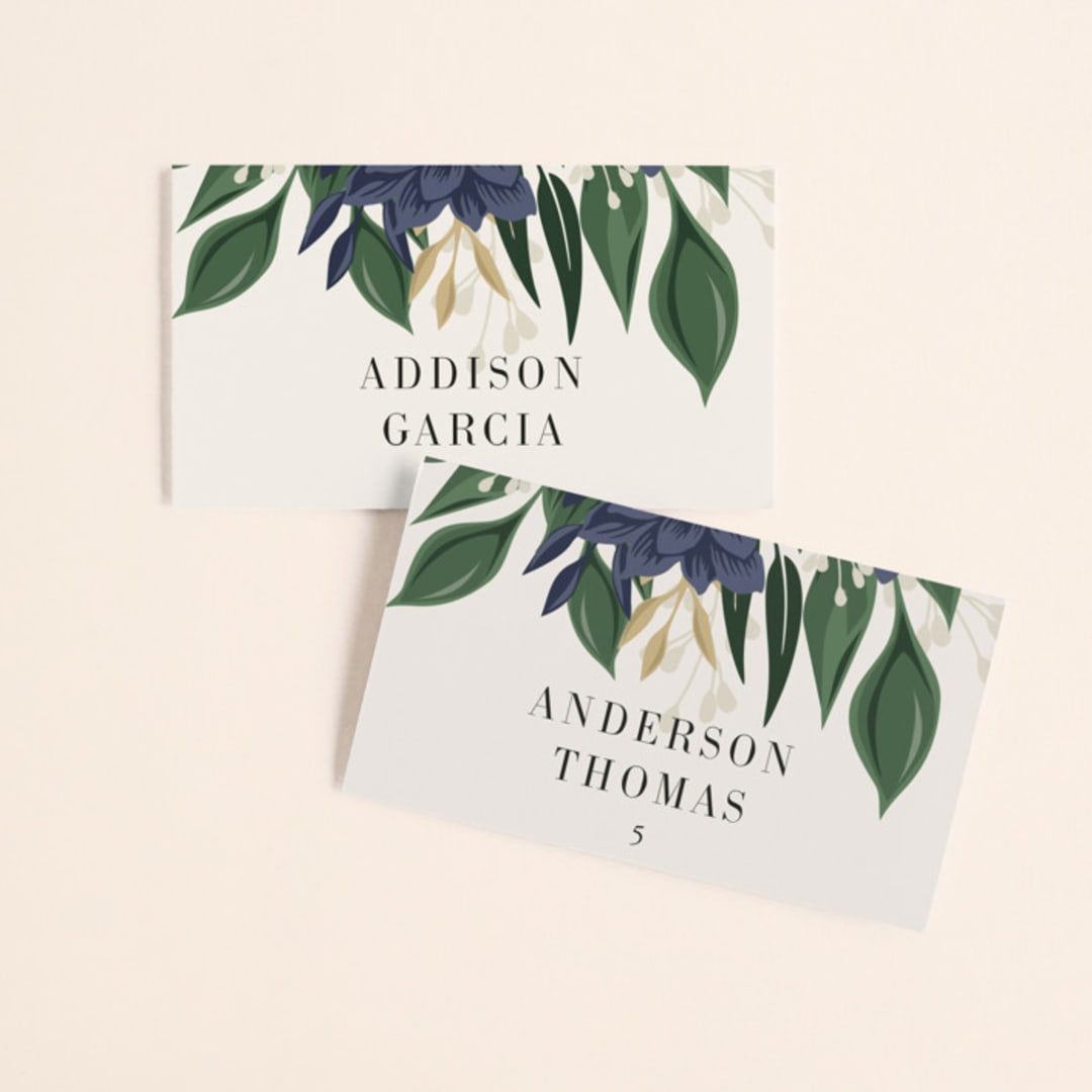 "Ophelia's Garden" - Place Cards in Bluebell by Oma N. Ramkhelawan - Front with Free Guest Printing