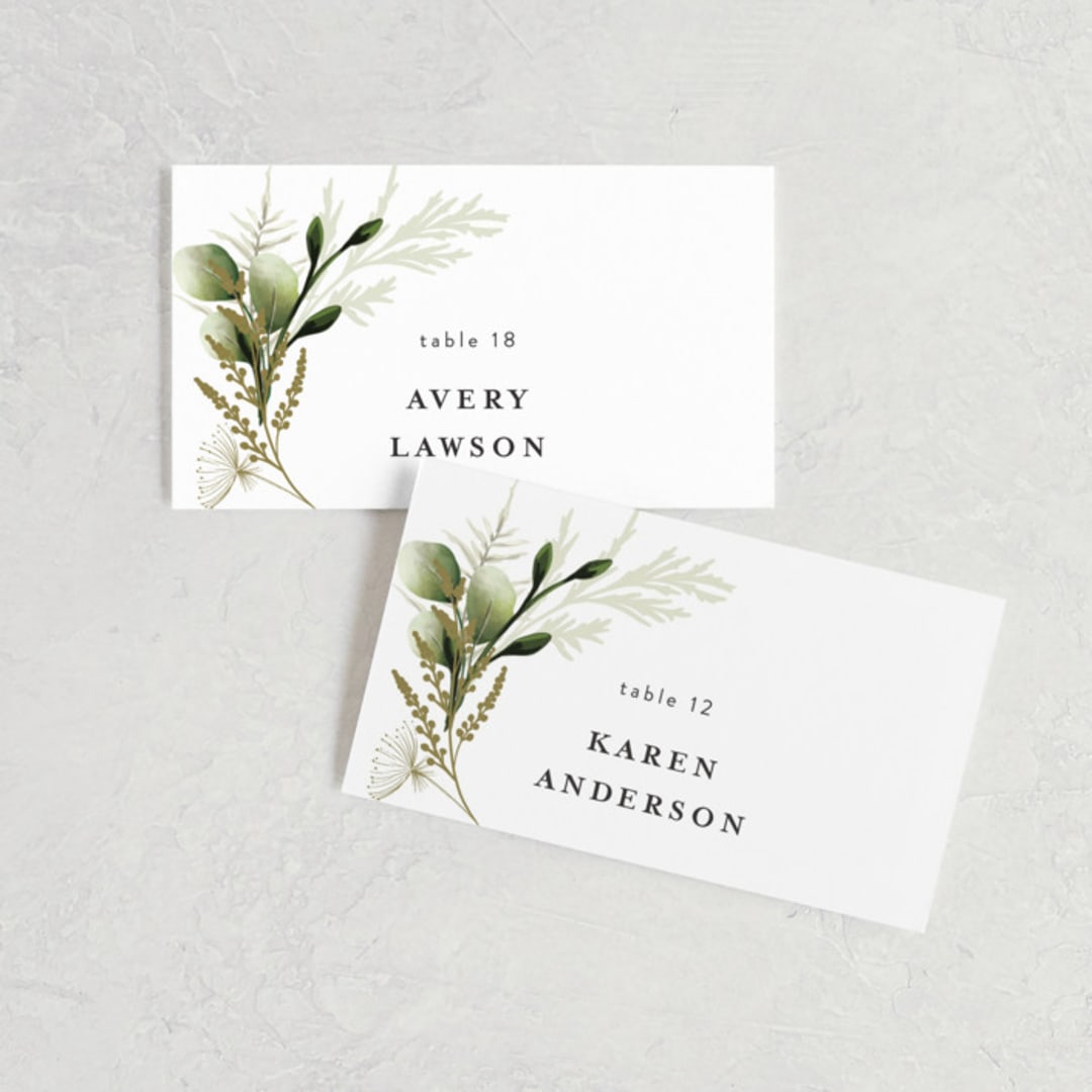 "Enchanted Greenery" - Place Cards in Frost by Susan Moyal - Front with Free Guest Printing