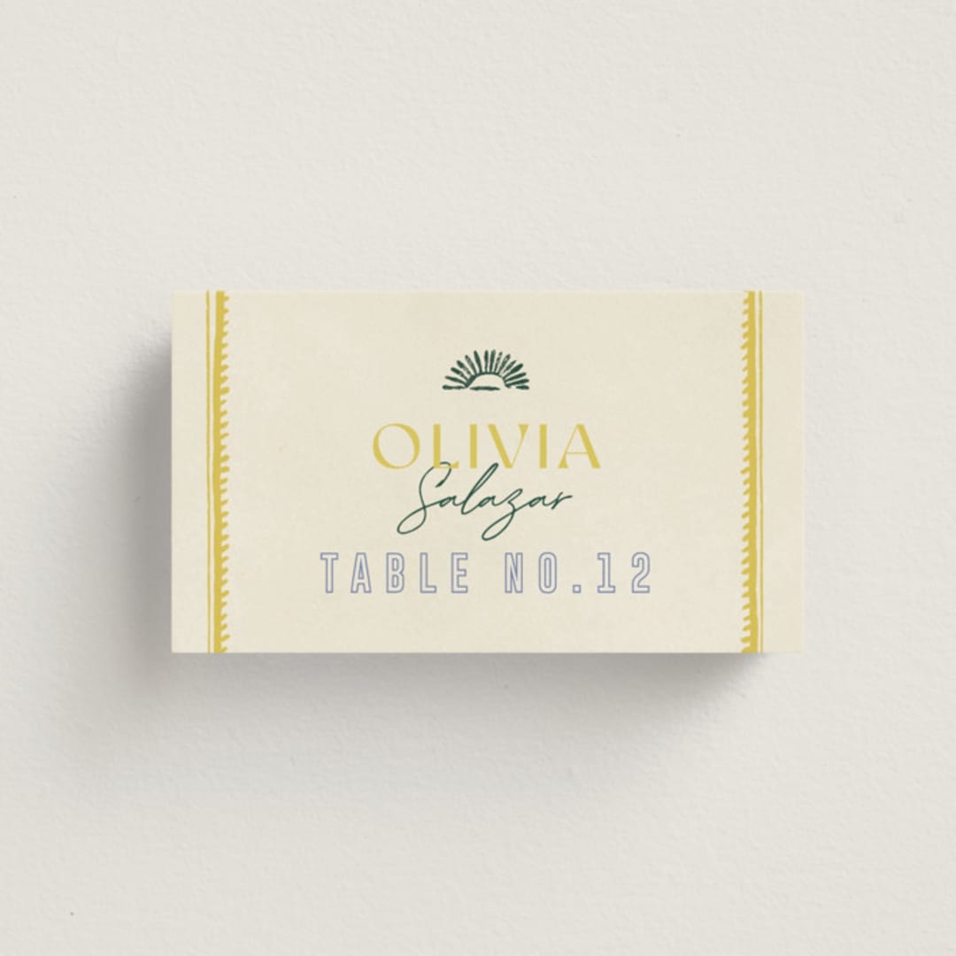 "Coastal Drift" - Place Cards in Caribbean Citrus by Pixel and Hank - Front with Free Guest Printing