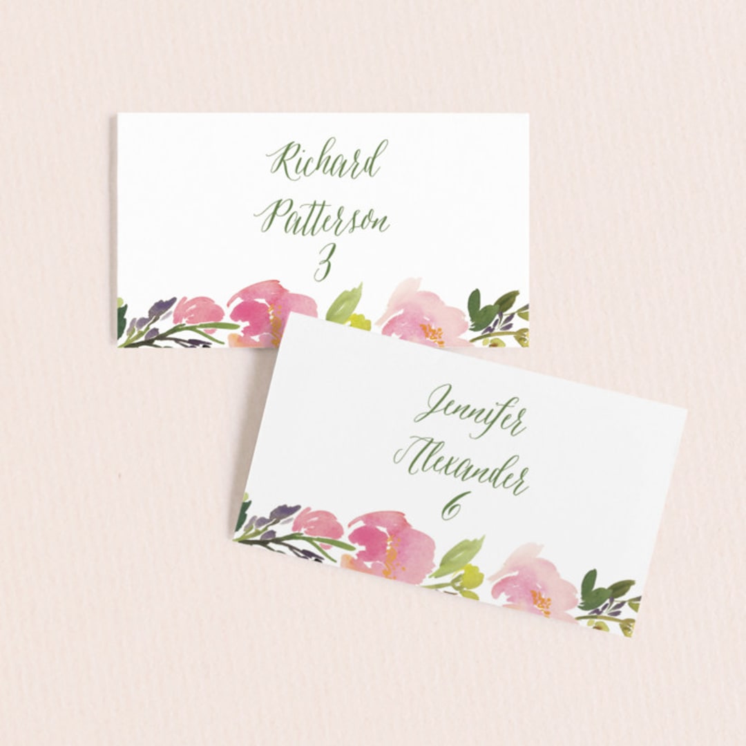 "Watercolor Floral" - Place Cards in Olive by Yao Cheng Design - Front with Free Guest Printing