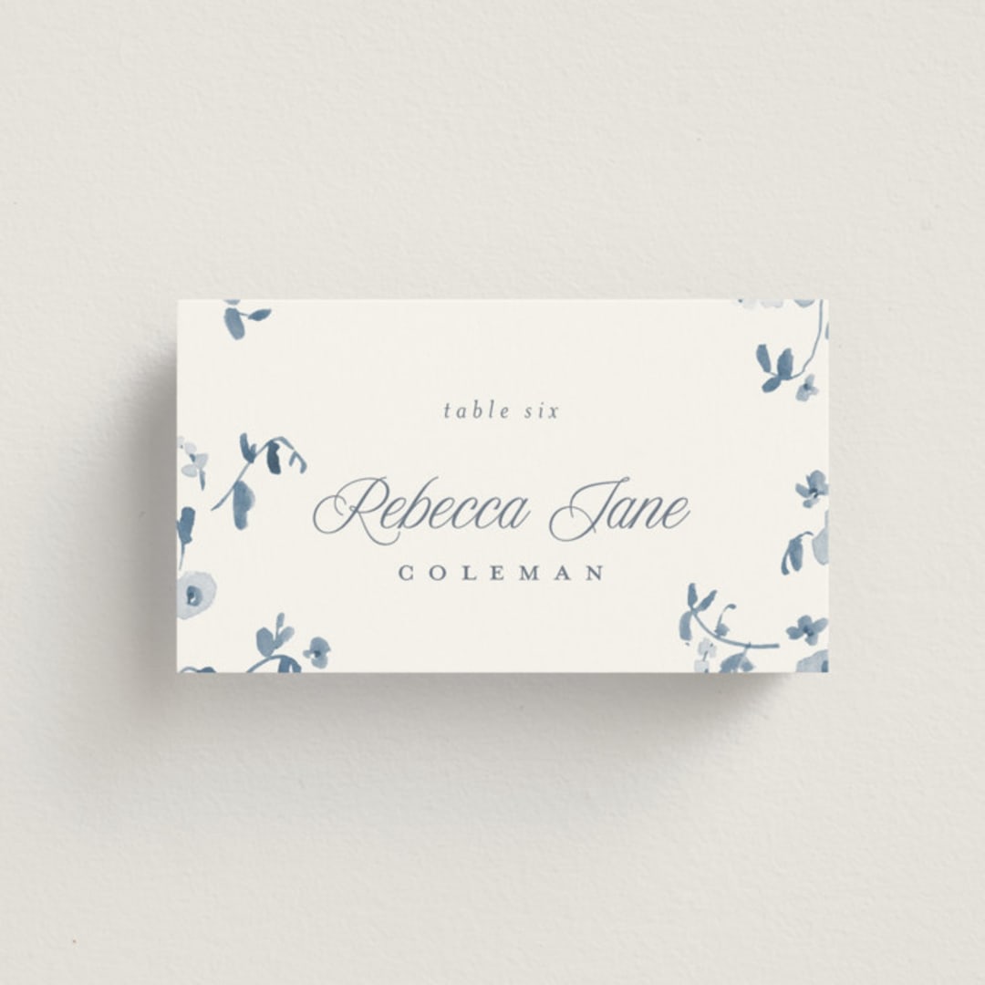 "Wildflower Corners" - Place Cards in Bluebell by Everett Paper Goods - Front with Free Guest Printing