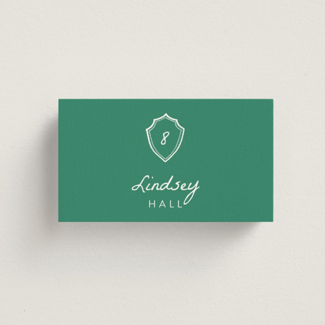 "Palm Tree Crest" - Place Cards in Palm by Erika Firm - Front with Free Guest Printing
