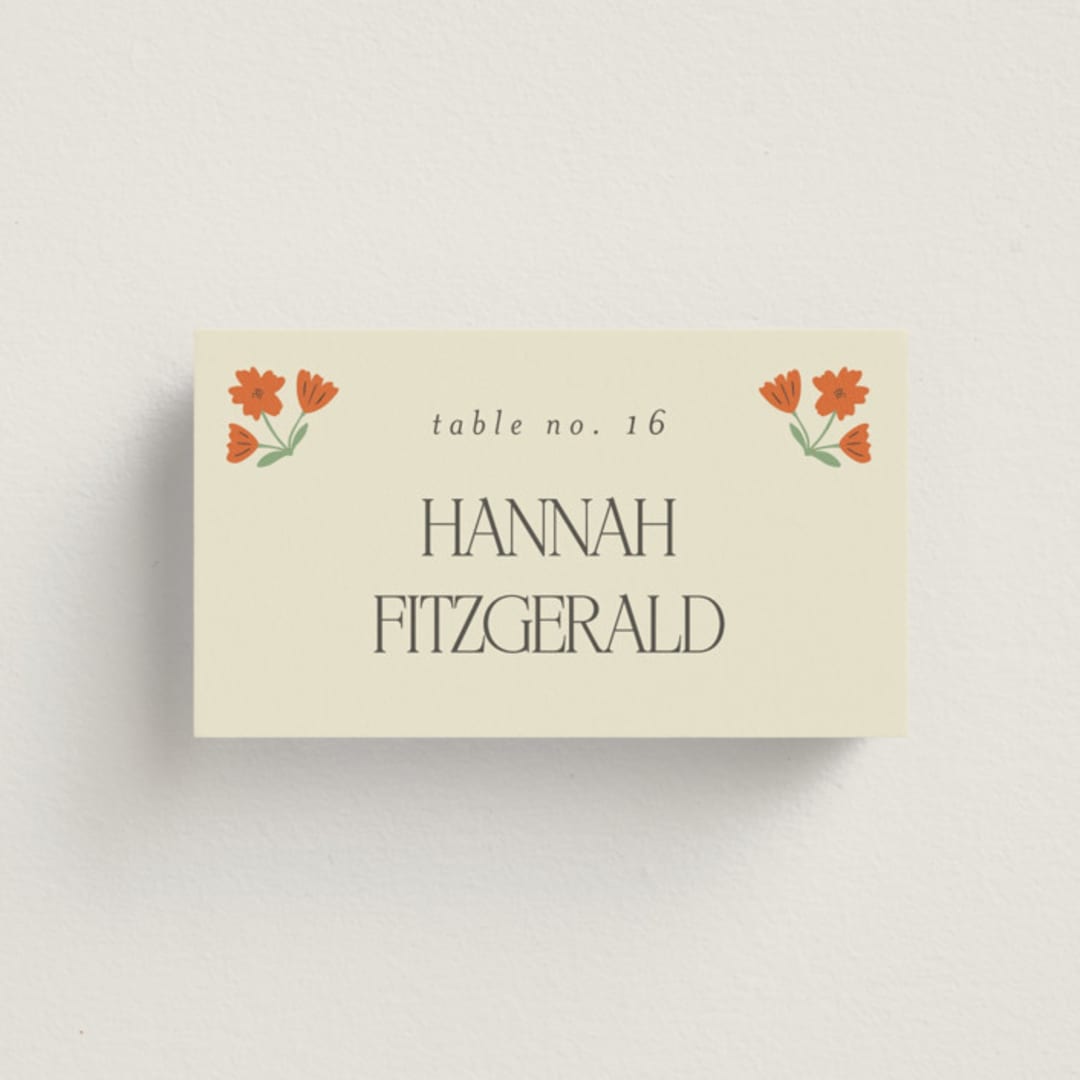 "Vintage Wildflowers" - Place Cards in Coral by Morgan Kendall - Front