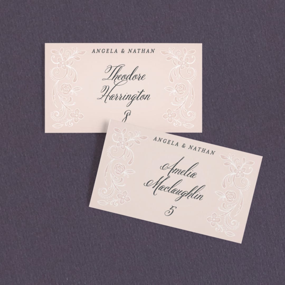 "Elegant Lace" - Place Cards in Blush by Hooray Creative - Front with Free Guest Printing