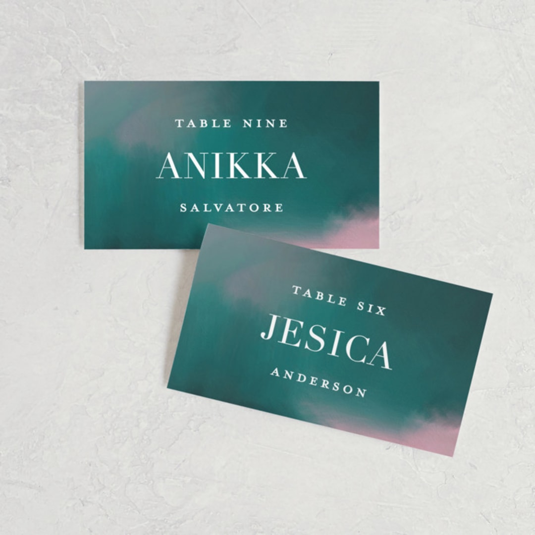 "Crazy in Love" - Place Cards in Mist by iamtanya - Front with Free Guest Printing