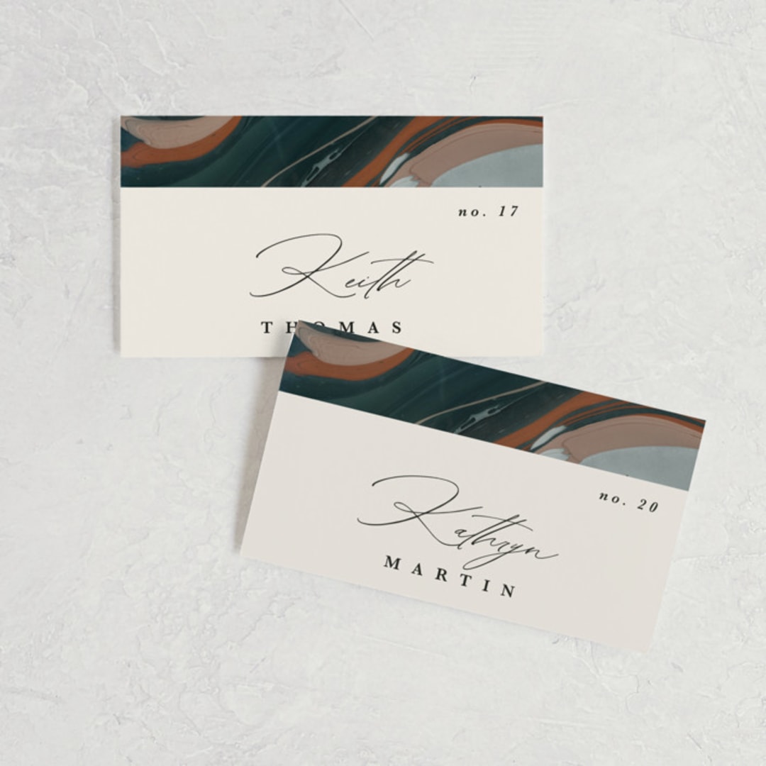 "Love Story" - Place Cards in Turquoise by Kate Ahn - Front with Free Guest Printing
