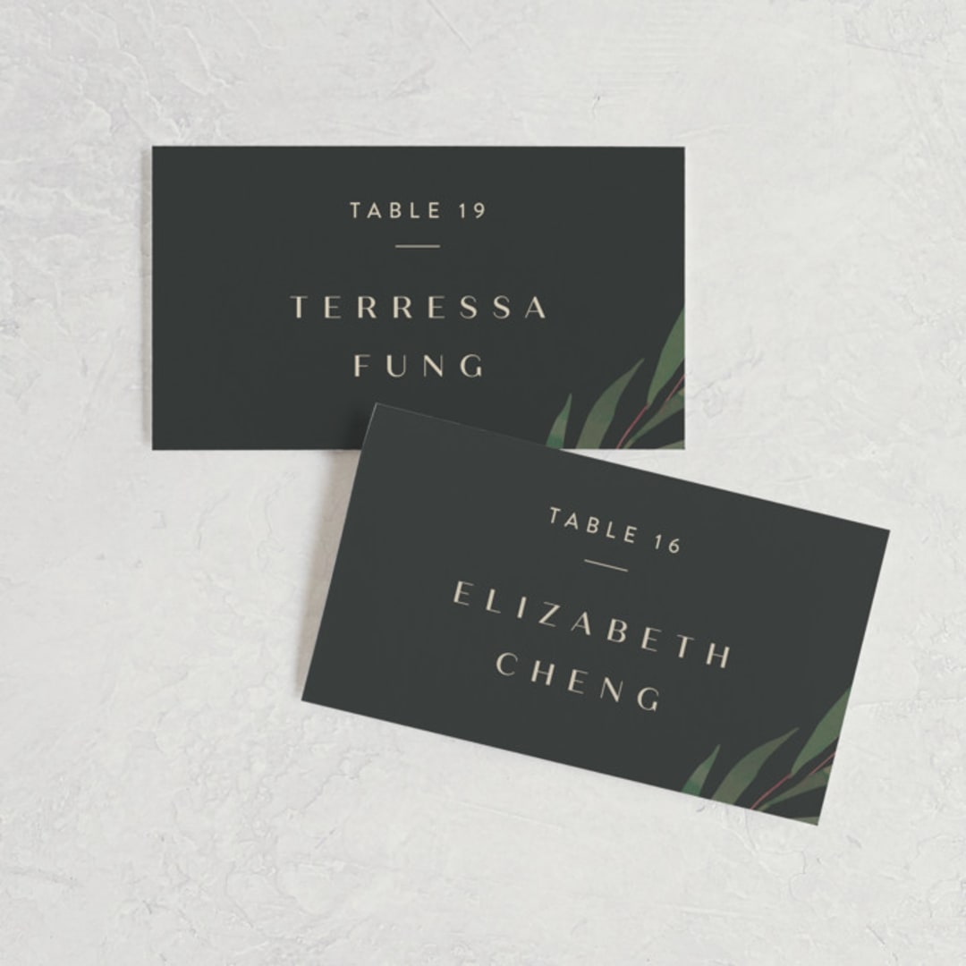 "Modern Leaves" - Place Cards in Smoked by Shannon Chen of Four Wet Feet Studio - Front with Free Guest Printing
