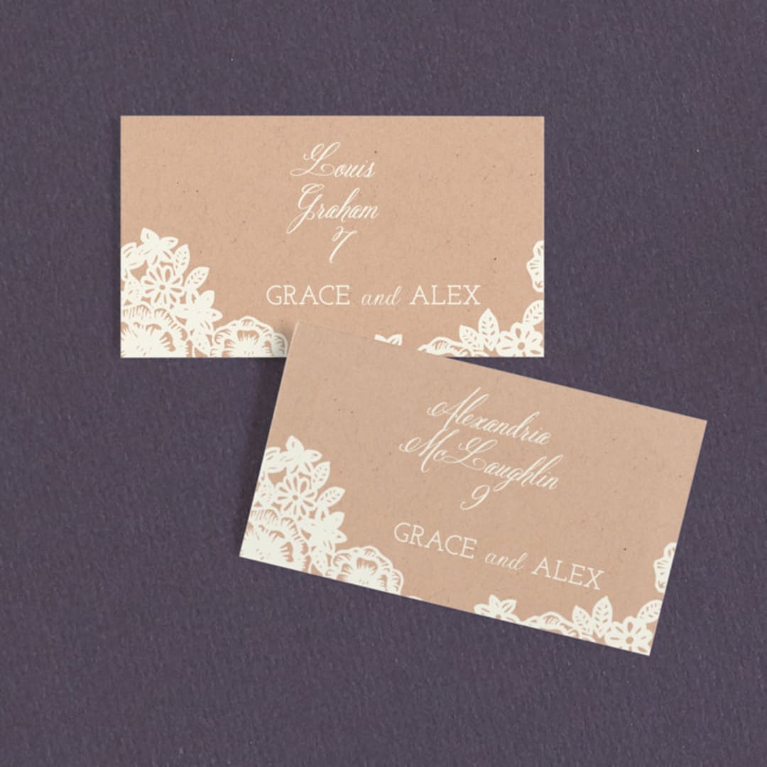 "Lace and Kraft" - Place Cards in Kraft by Katharine Watson - Front with Free Guest Printing