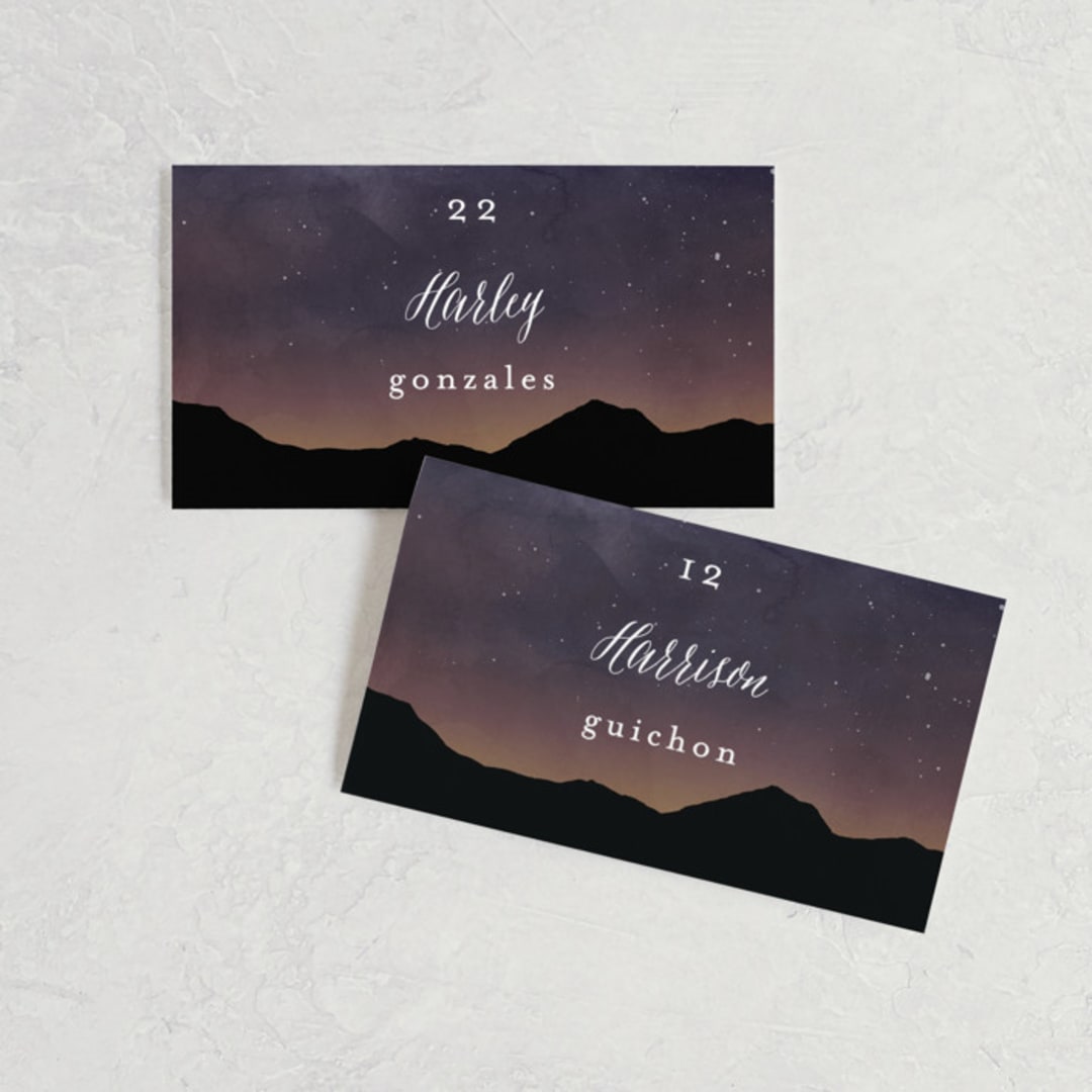 "Starry Skies" - Place Cards in Twilight by Kelly Schmidt - Front with Free Guest Printing