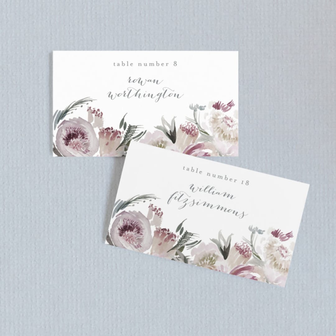 "romantic bouquet" - Place Cards in Plum by Phrosné Barwood - Front with Free Guest Printing