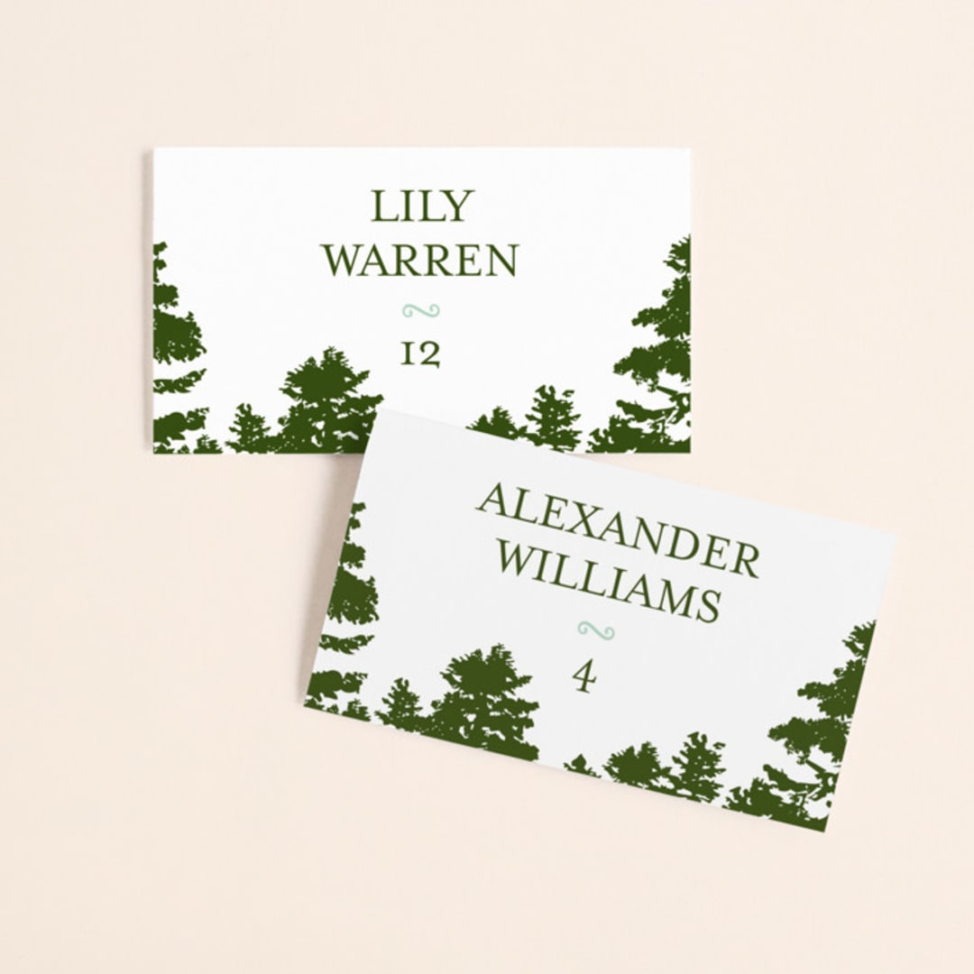"Mountain View" - Place Cards in Pine green by Ariel Rutland - Front with Free Guest Printing