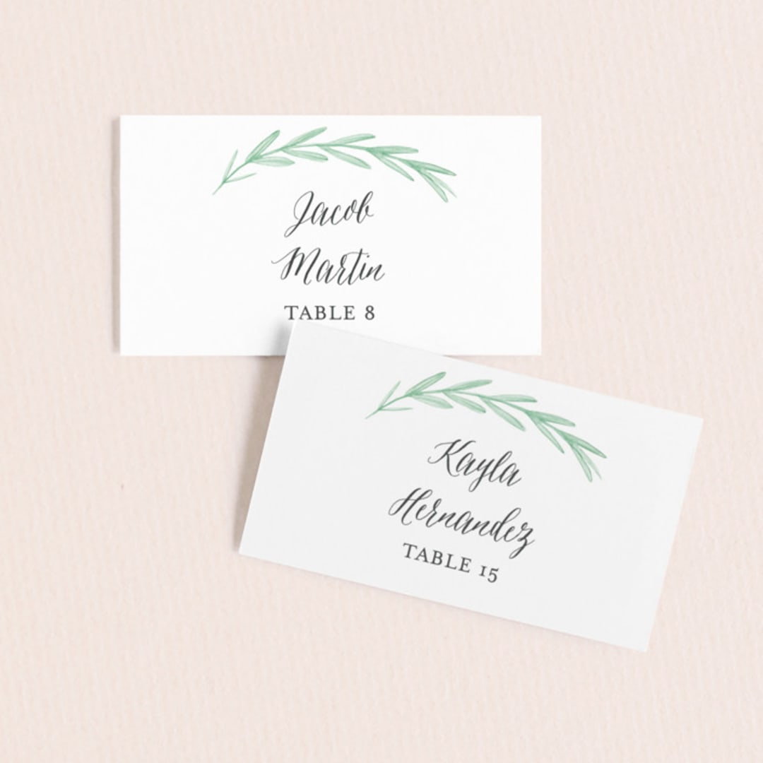 "Painted Leaves" - Place Cards in Evergreen by Olivia Raufman - Front with Free Guest Printing
