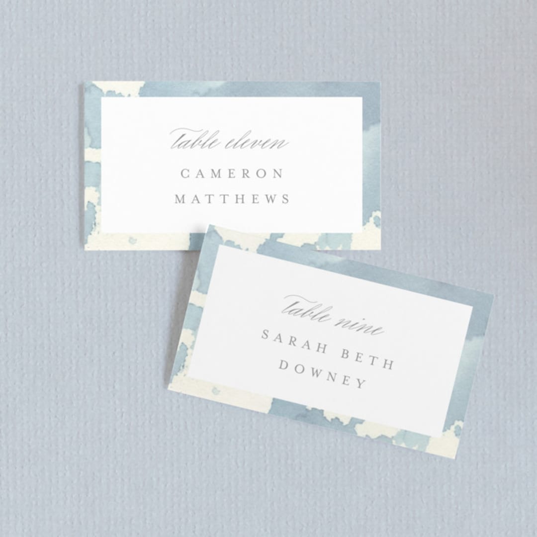 "Reverie" - Place Cards in Periwinkle by Sara Hicks Malone - Front with Free Guest Printing