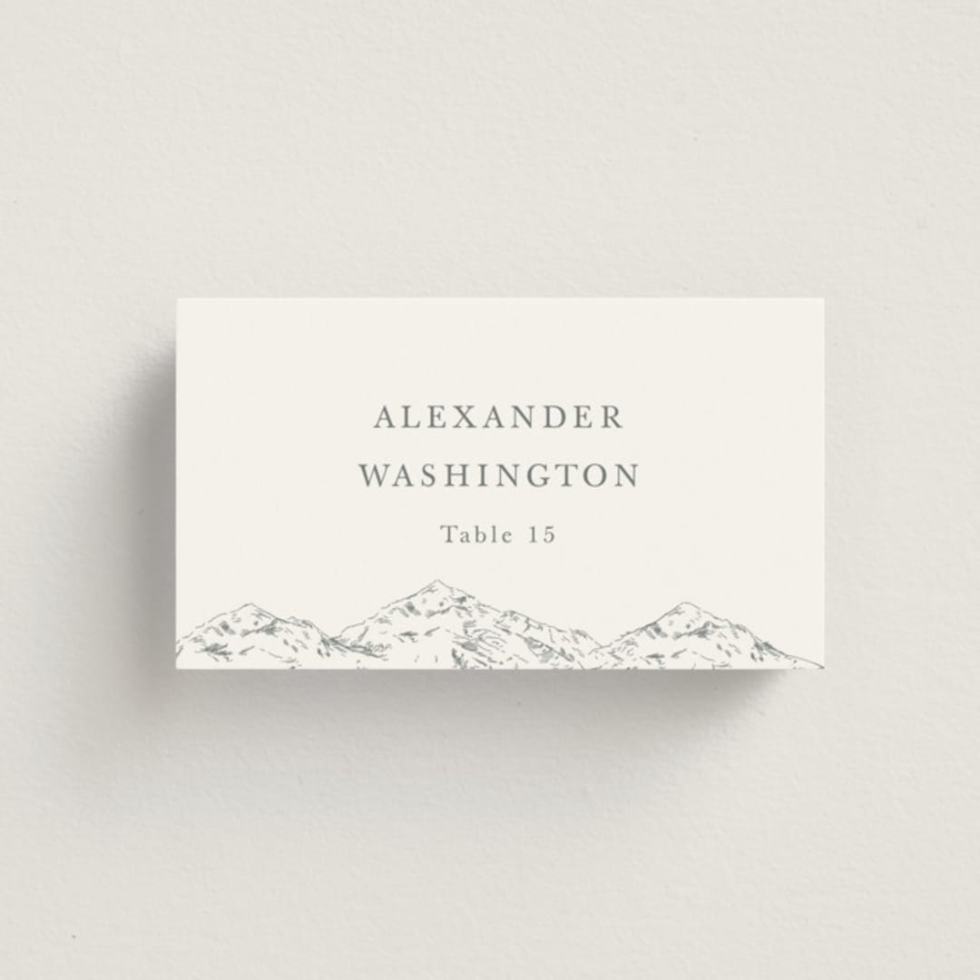 "Mountainview" - Place Cards in Pewter by Sarah Brown - Front with Free Guest Printing