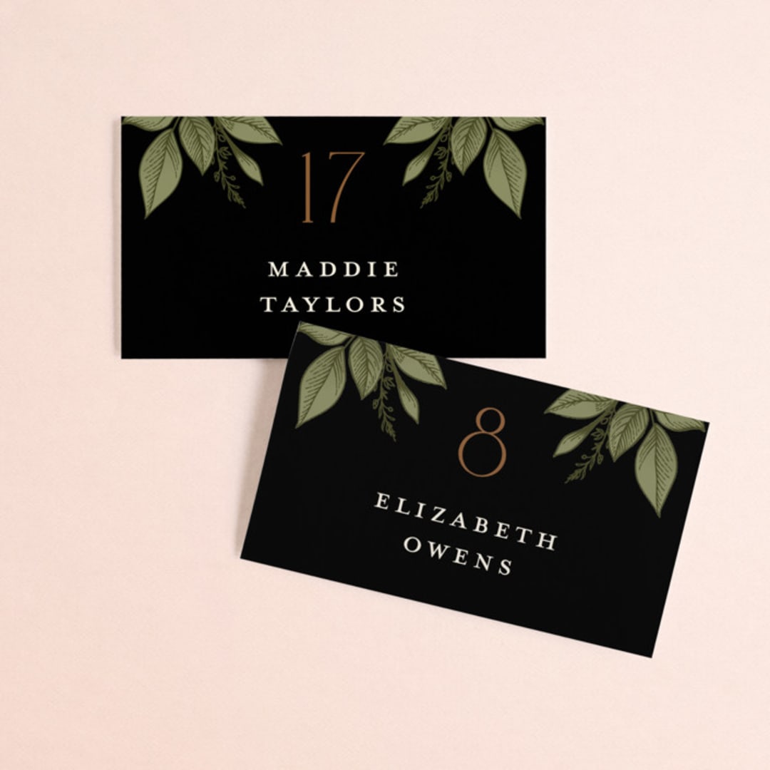 "Vintage Print" - Place Cards in Licorice by GeekInk Design - Front with Free Guest Printing
