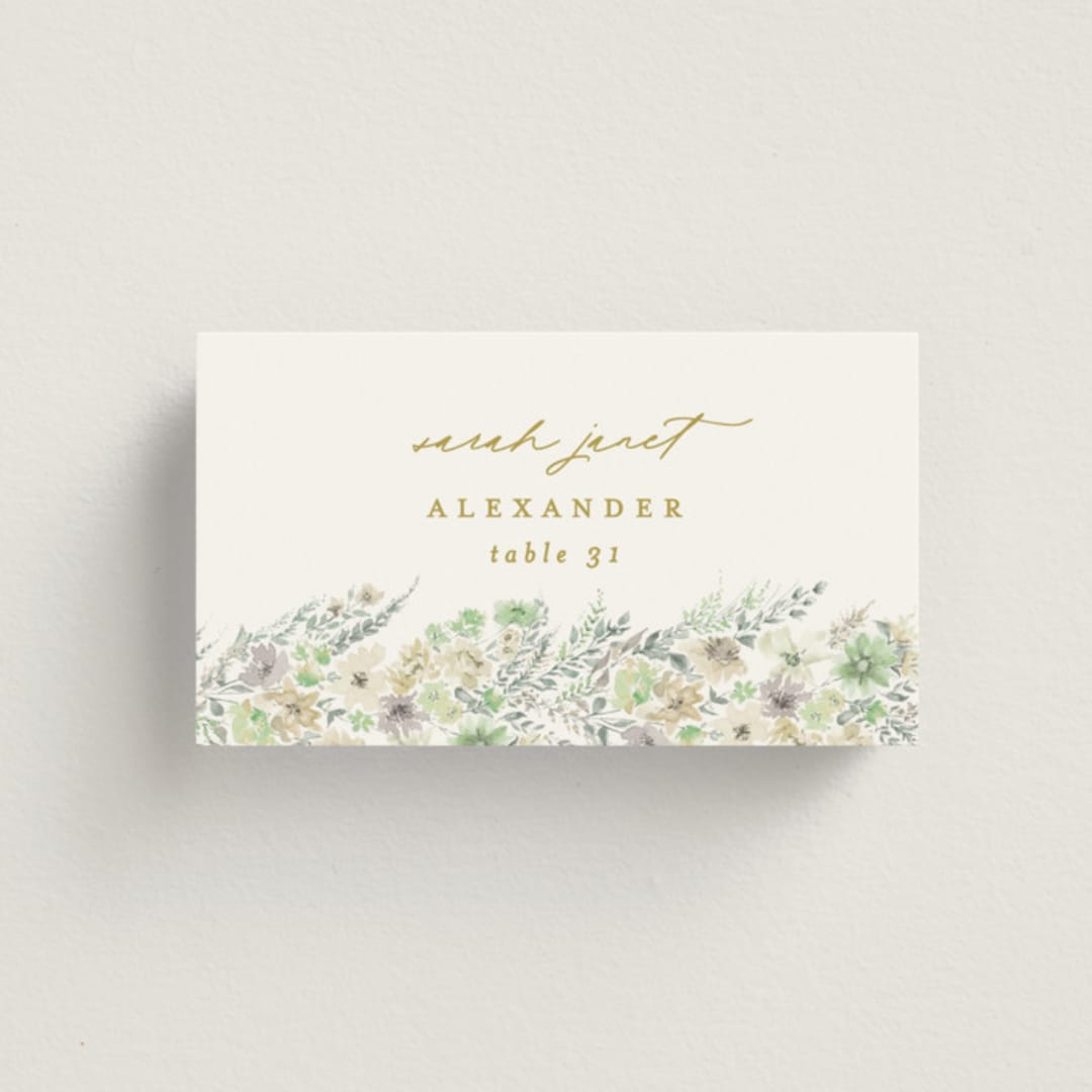 "Floral Arch" - Place Cards in Greenery by Phrosné Barwood - Front with Free Guest Printing