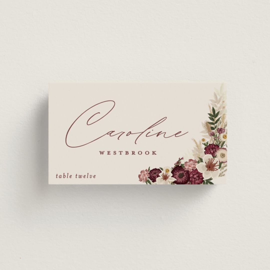 "Dried Floral Wreath" - Place Cards in Cabernet by Erin Deegan - Front with Free Guest Printing