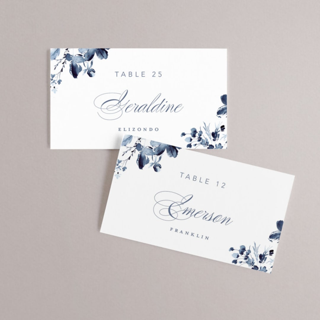 "Love Story" - Place Cards in Indigo by Leah Bisch - Front with Free Guest Printing