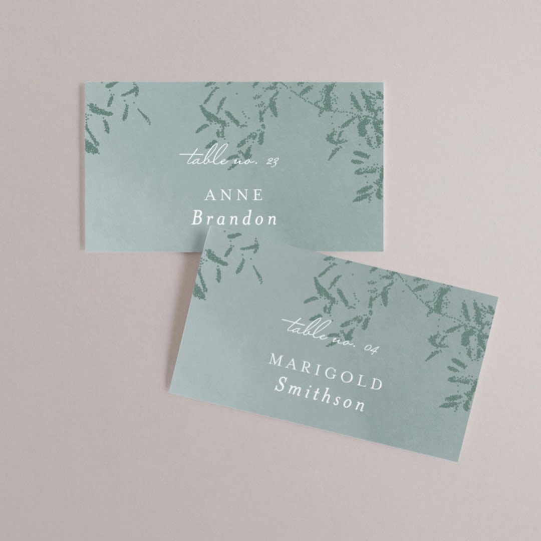 "Cascading Vine" - Place Cards in Mist by Design Lotus - Front with Free Guest Printing