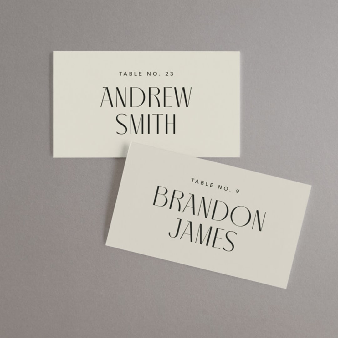 "Seraphina" - Place Cards in Sand by Robert and Stella - Front with Free Guest Printing
