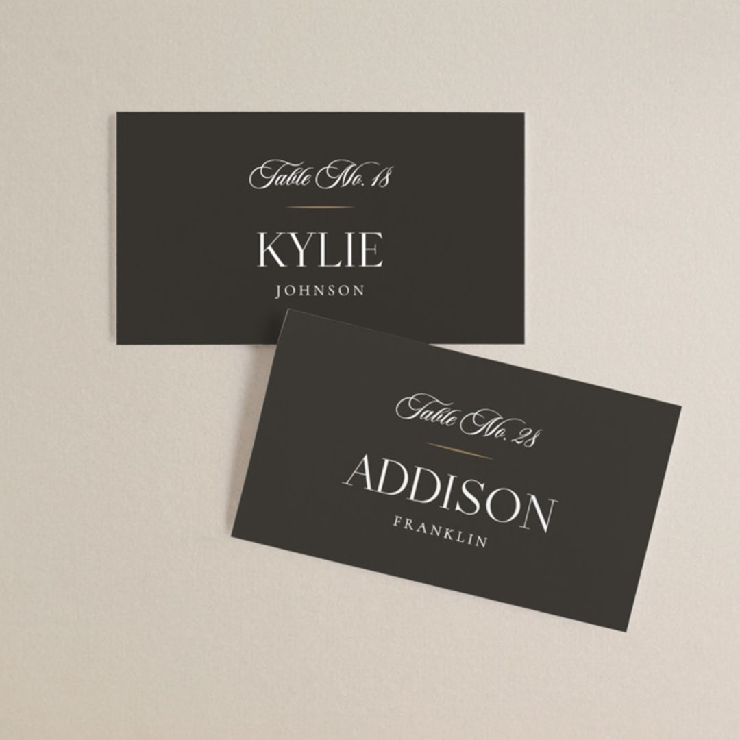 "Arabesque" - Place Cards in Obsidian by Robert and Stella - Front with Free Guest Printing