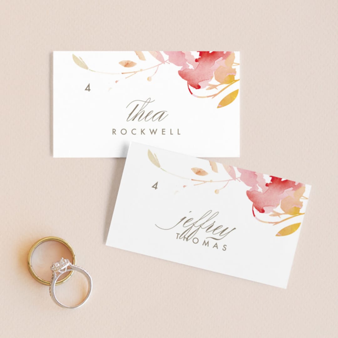 "Stately Florals" - Place Cards in Poppy by Lori Wemple - Front with Free Guest Printing