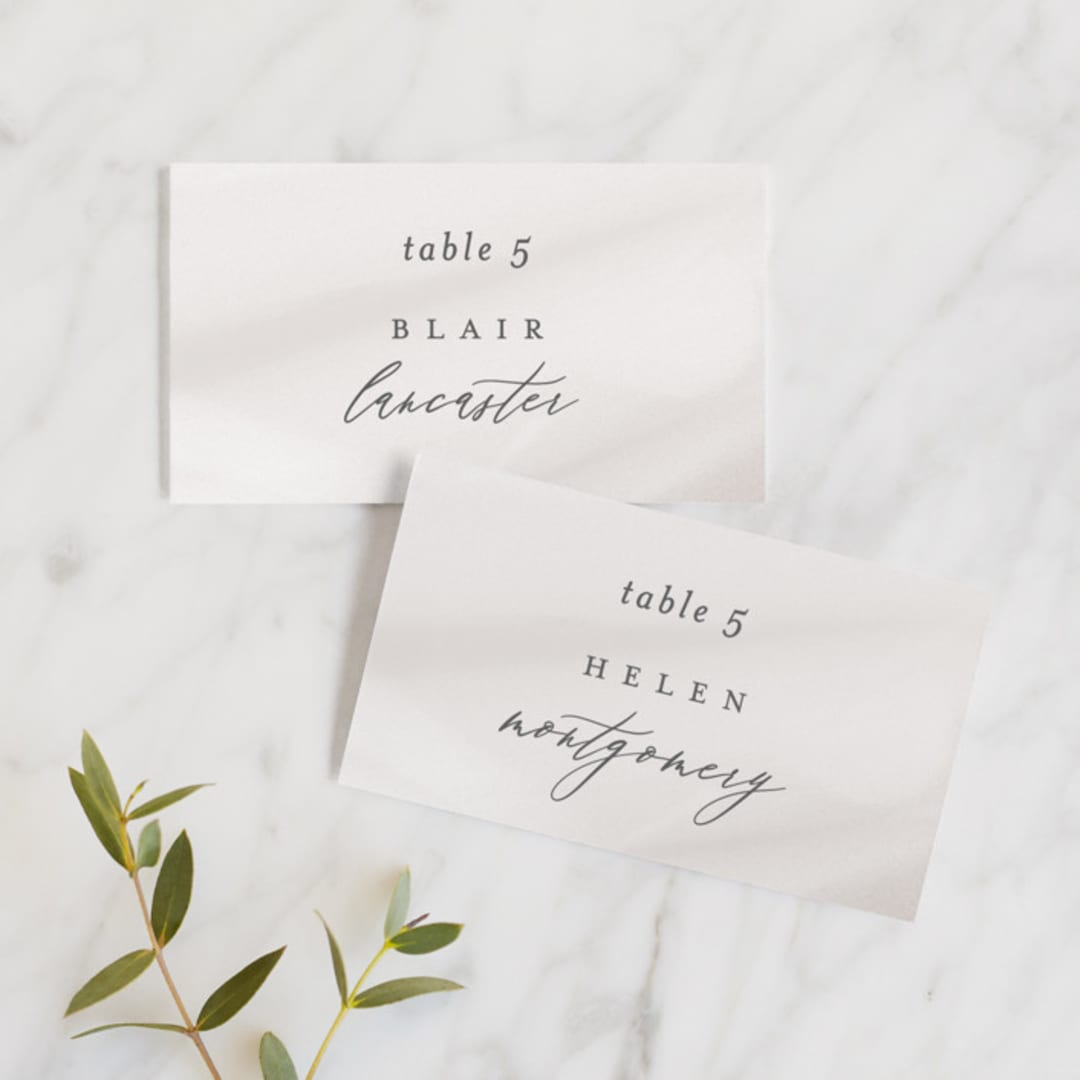 "Overjoyed" - Place Cards in Taupe by Ana Sharpe - Front with Free Guest Printing