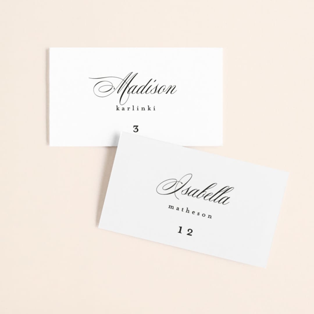 "Scripted Union" - Place Cards in Pearl by Kelly Schmidt - Front with Free Guest Printing
