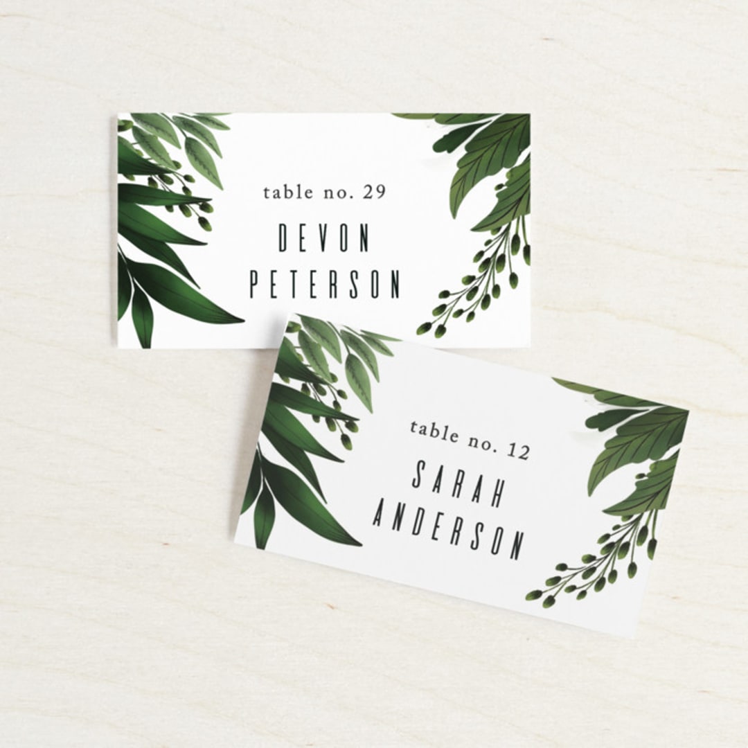 "Fresh Greens" - Place Cards in Emerald by Susan Moyal - Front with Free Guest Printing