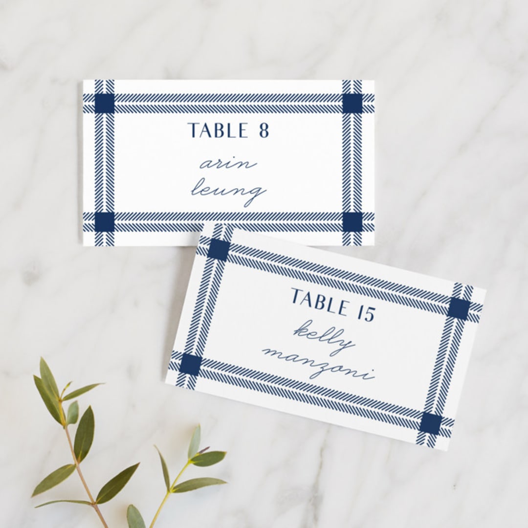 "window pane check" - Place Cards in Navy by Kerry Doyle - Front with Free Guest Printing