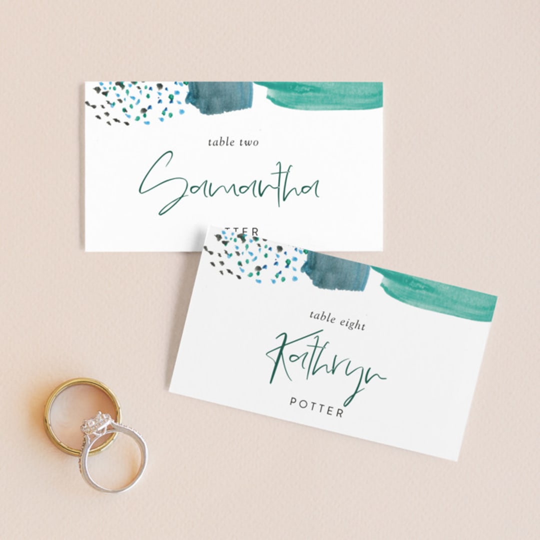 "Feathery Painted" - Place Cards in Teal by Erika Firm - Front with Free Guest Printing