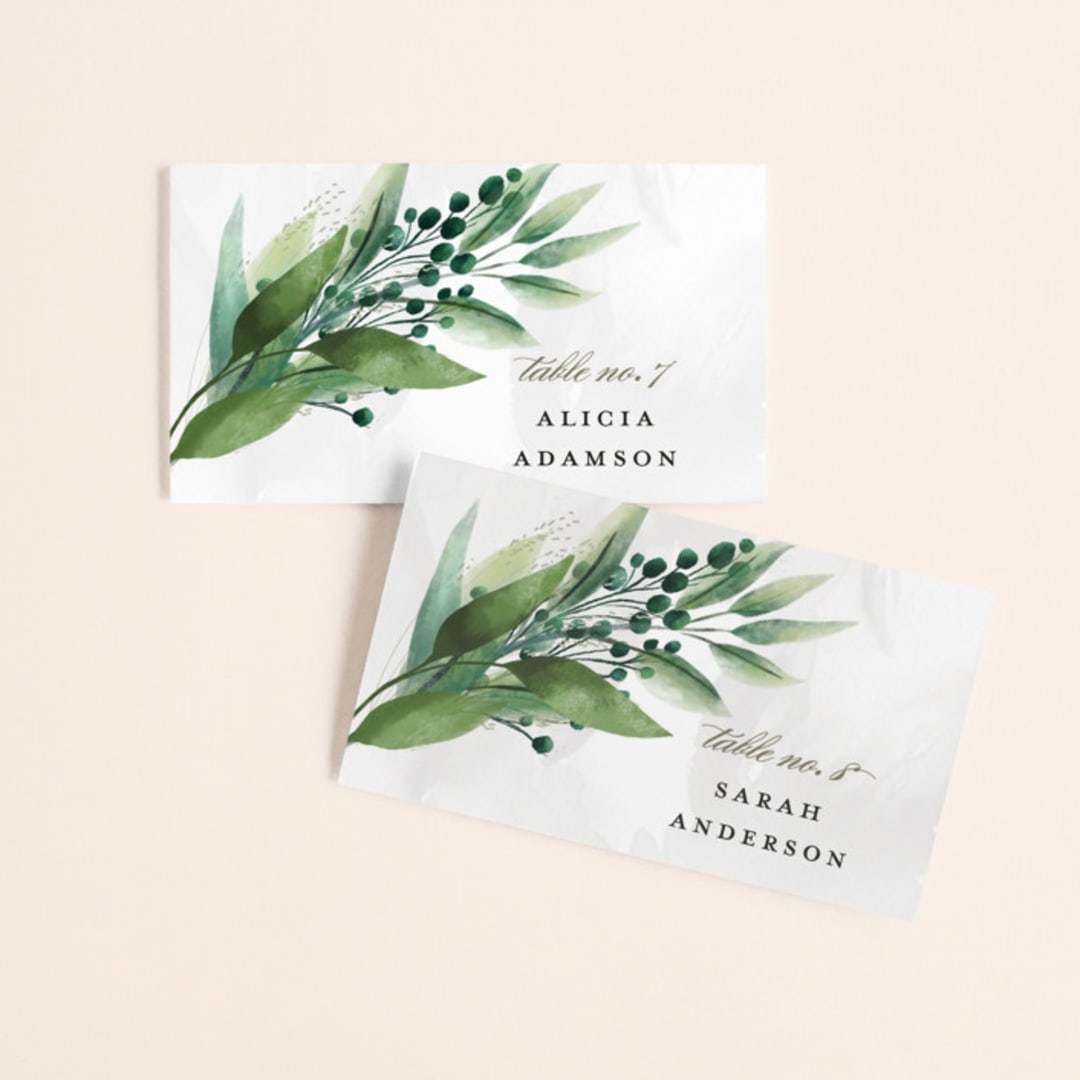 "Mixed Greenery" - Place Cards in Emerald by Susan Moyal - Front with Free Guest Printing