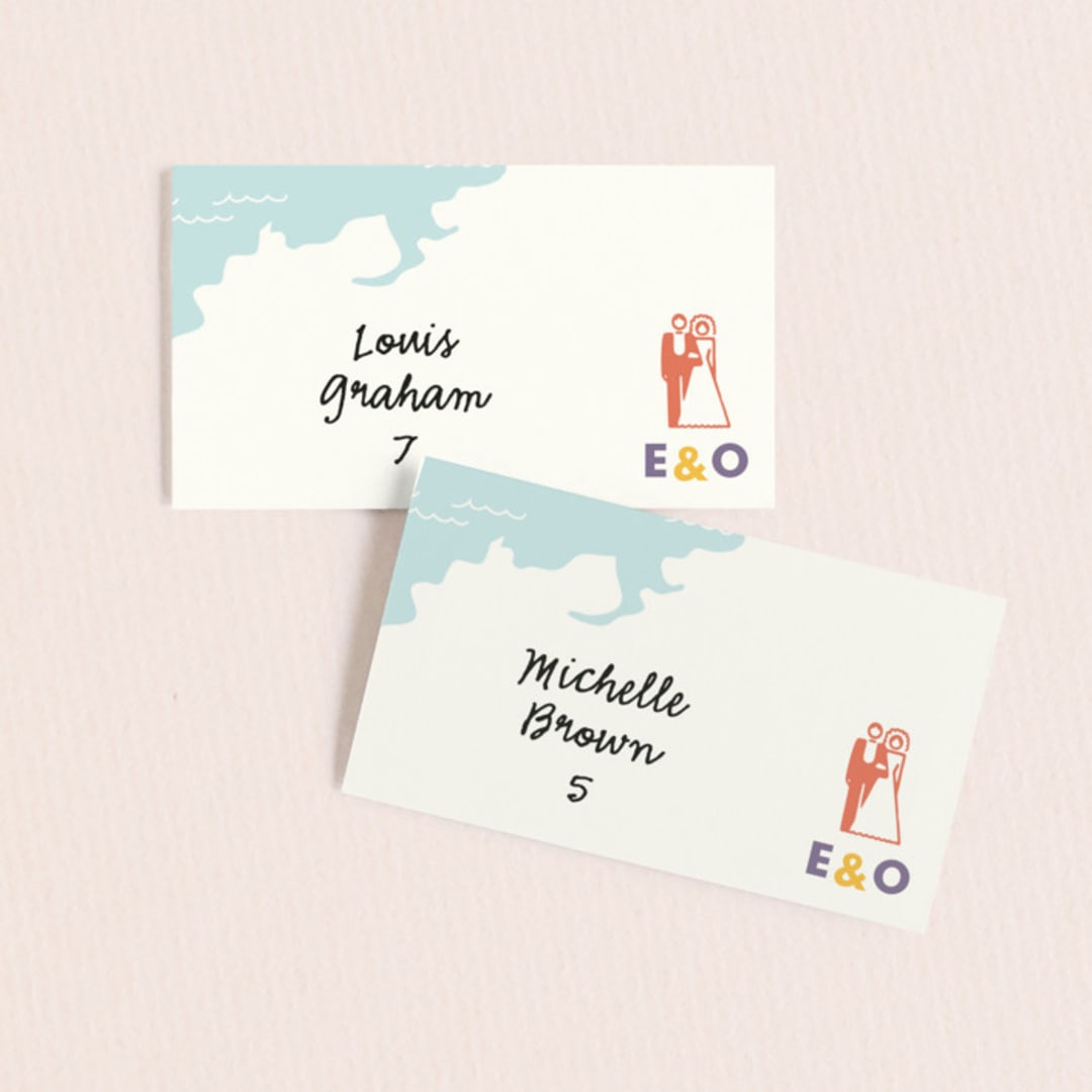 "Destination" - Place Cards in Lilac Haze by leslie hamer - Front with Free Guest Printing