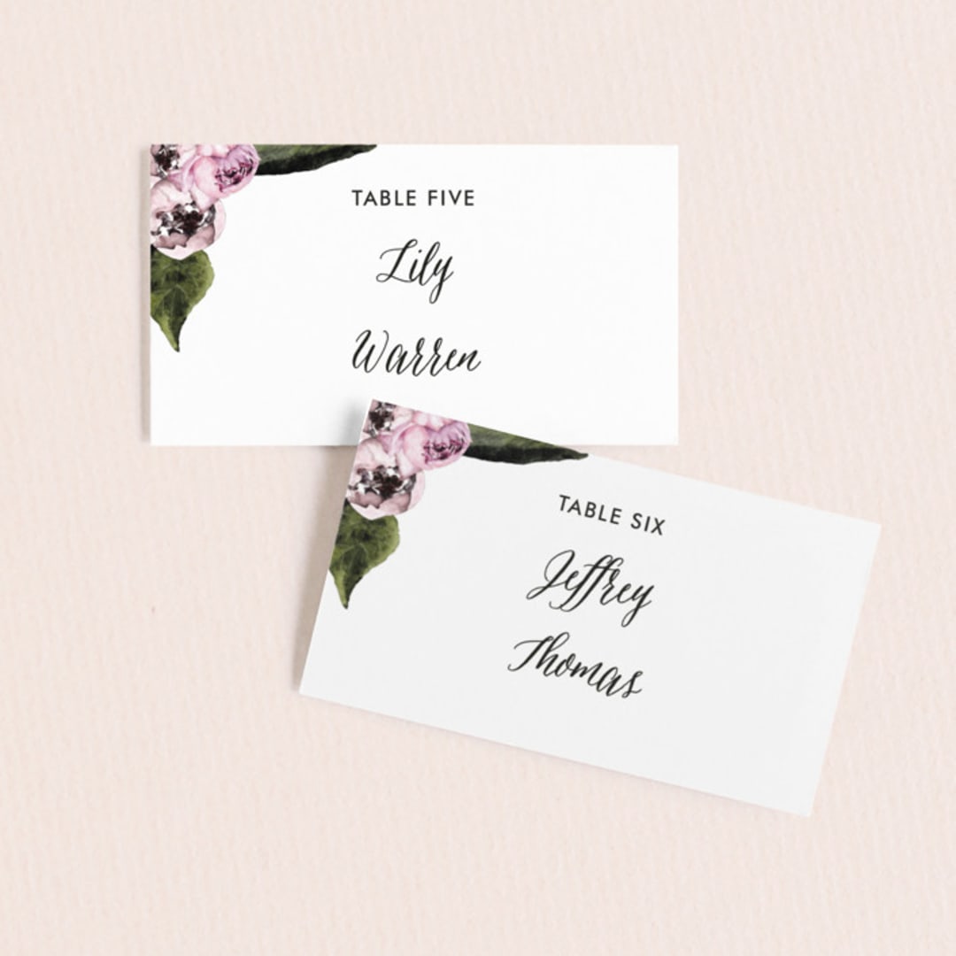 "Peony" - Place Cards in Ice Mist by Cass Loh - Front with Free Guest Printing