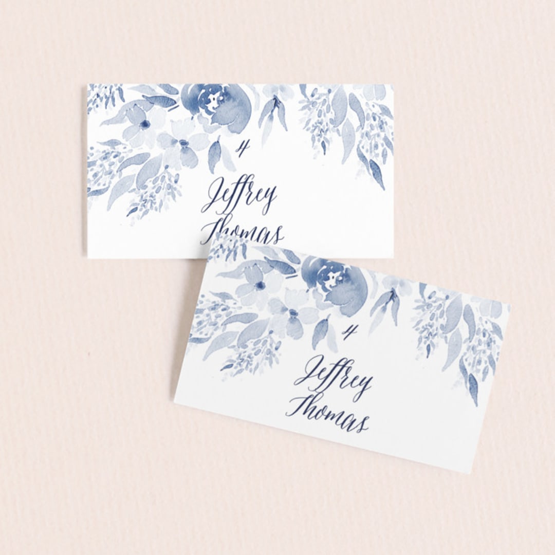 "Poetic Watercolor Flowers" - Place Cards in Periwinkle by Qing Ji - Front with Free Guest Printing