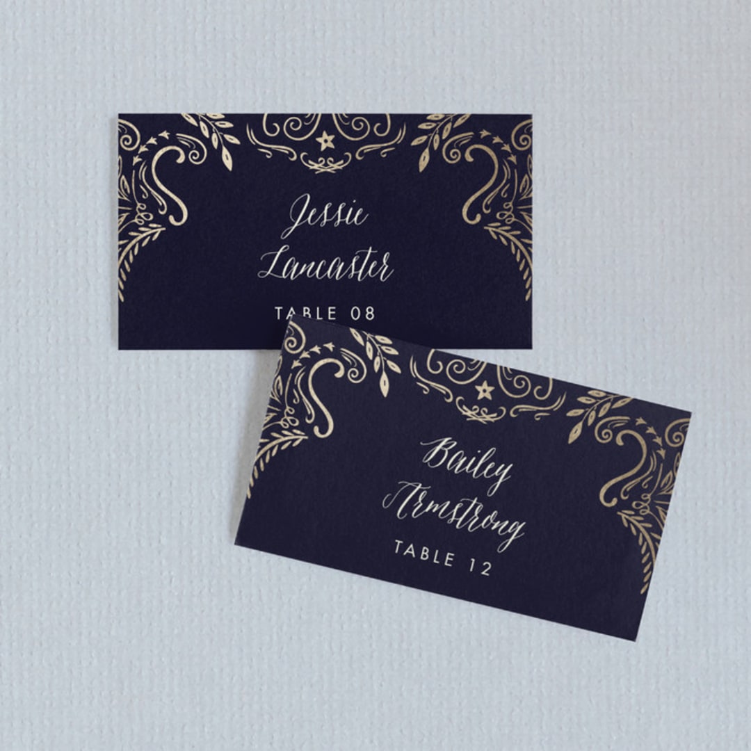 "Wedding Enchantment" - Place Cards in Midnight by Chris Griffith - Front with Free Guest Printing