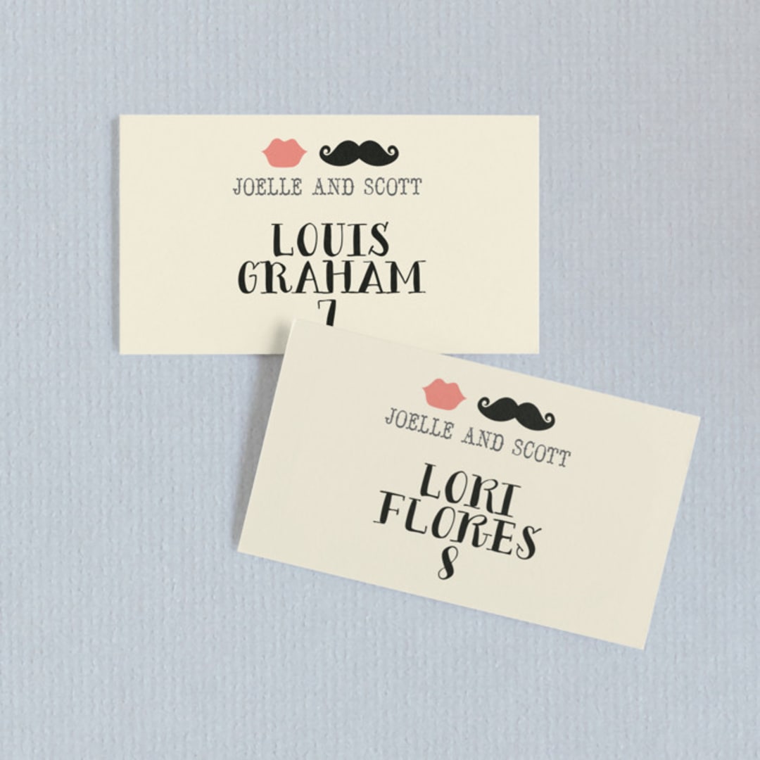 "Stache + Kiss" - Place Cards in Cream by Penelope Poppy - Front with Free Guest Printing