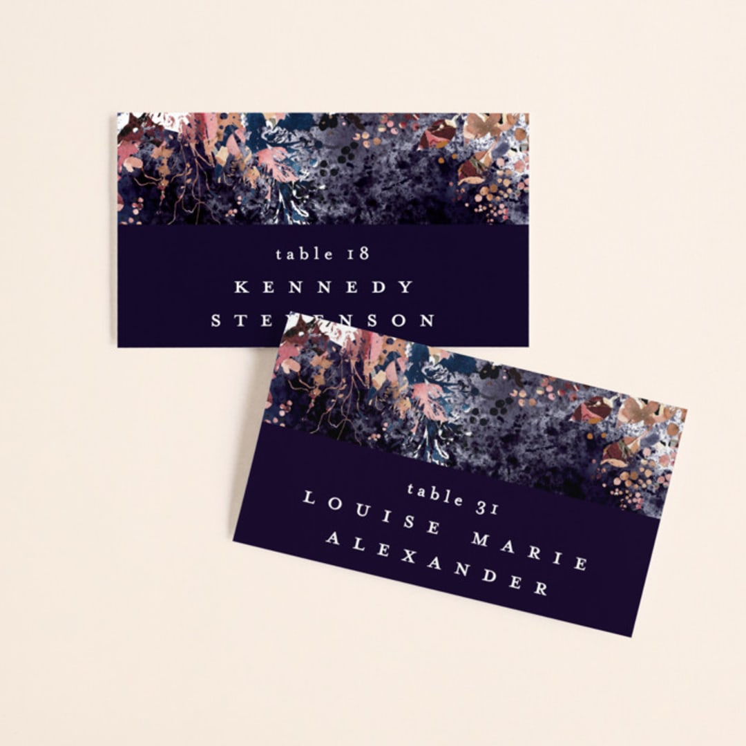 "Floral Cascade" - Place Cards in Navy by Phrosné Barwood - Front with Free Guest Printing