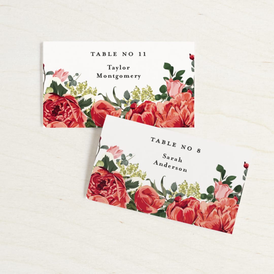 "Peonies Forever" - Place Cards in Coral by Susan Moyal - Front with Free Guest Printing