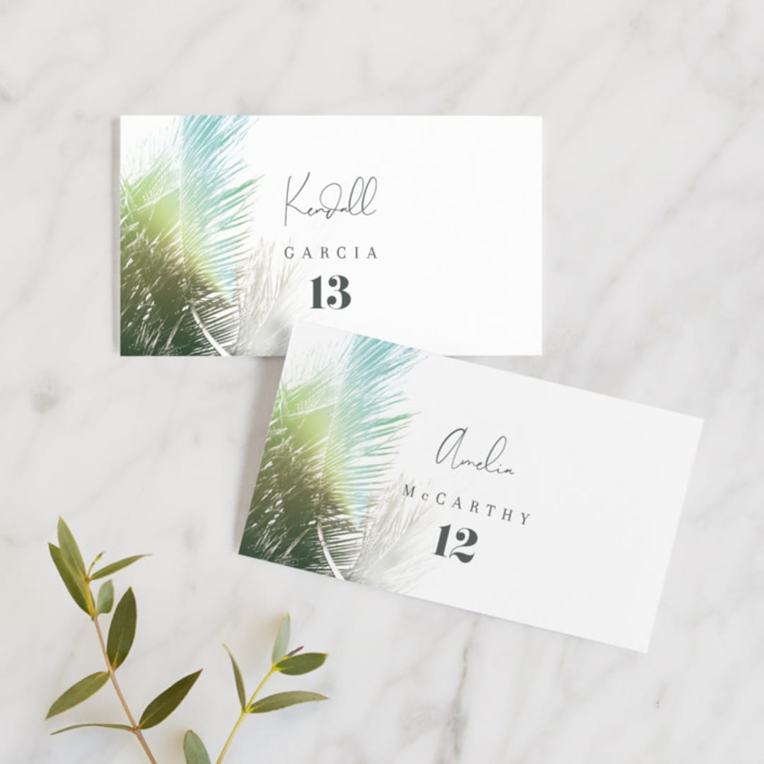 "Summer Palm" - Place Cards in Leaf by Baumbirdy - Front with Free Guest Printing
