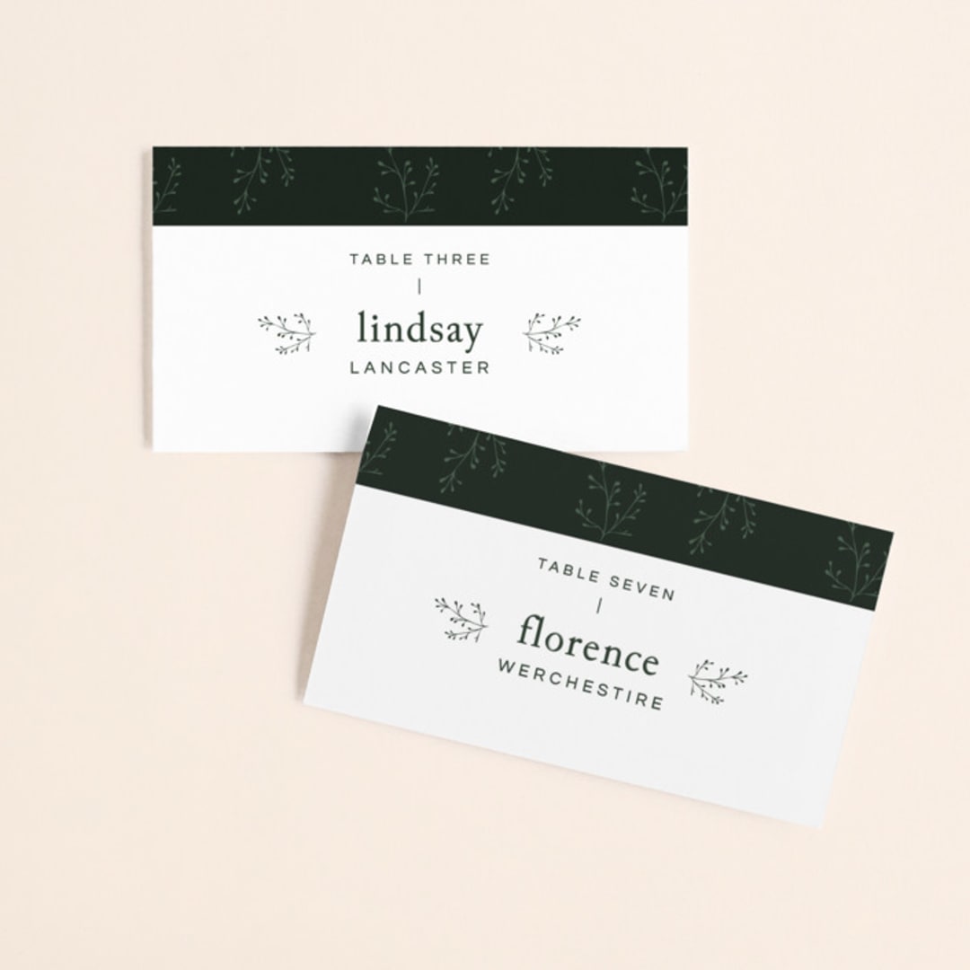 "A Dash of Delight" - Place Cards in Pine Needle by Bramble Studio - Front with Free Guest Printing