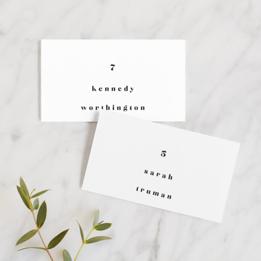 "Epithet" - Place Cards in Charcoal by Nazia Hyder - Front with Free Guest Printing