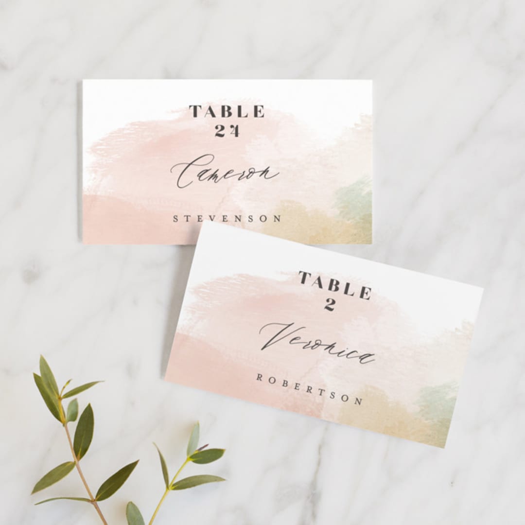 "Morning Mist" - Place Cards in Blush by Carrie ONeal - Front with Free Guest Printing